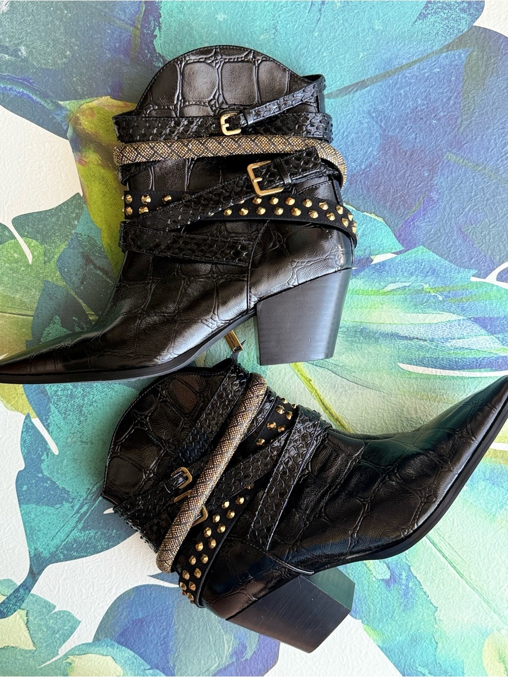 KURT GEIGER BLACK Croc-Embossed Pointed Ankle Booties gold accents western shoes - Picture 14 of 14